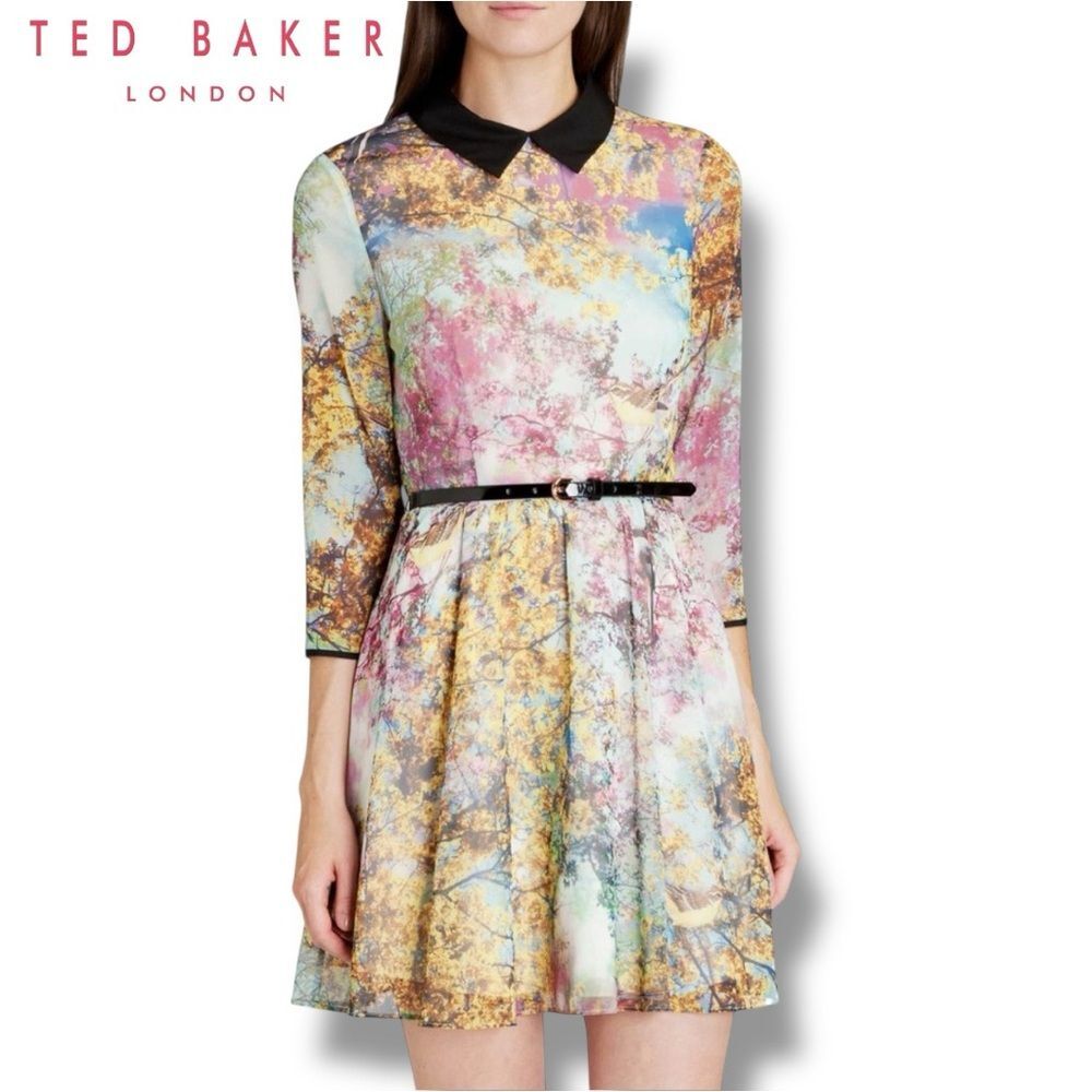 Ted Baker Eponi Dress Tree Bird Print Blue Yellow Pink ASO Demi Lovato (6 US)